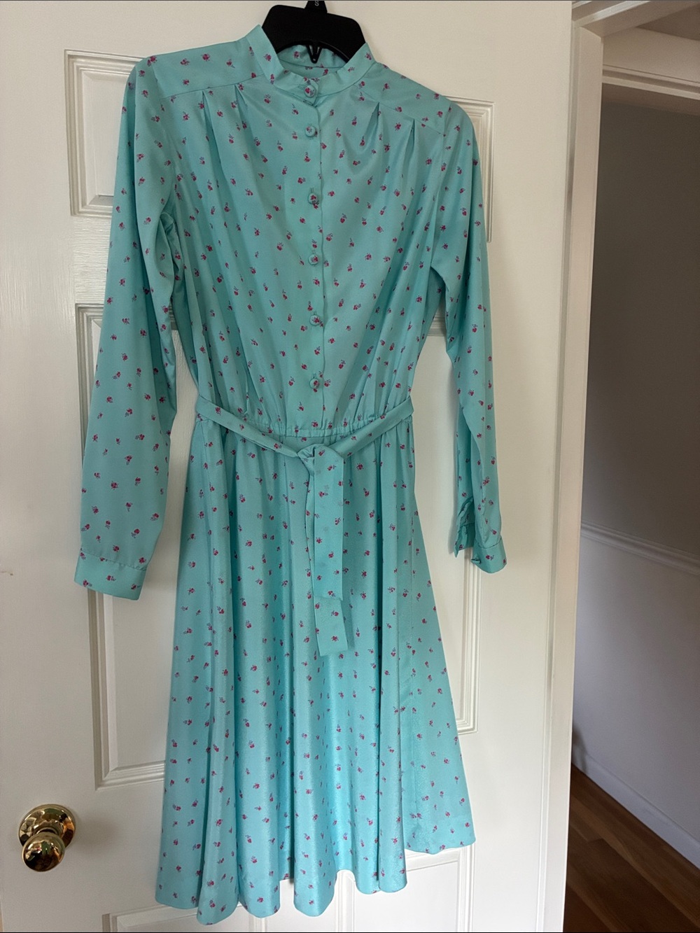 Light Blue Floral Long-Sleeve Shirt Dress with Tie Waist